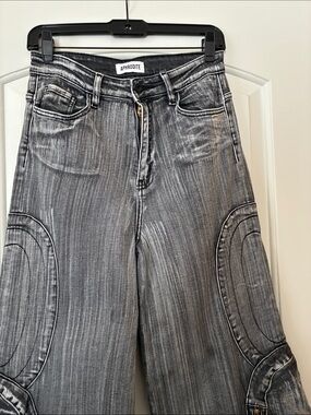 Aphrodite Washed Gray Wide-Leg Jeans with Stitched Panels
